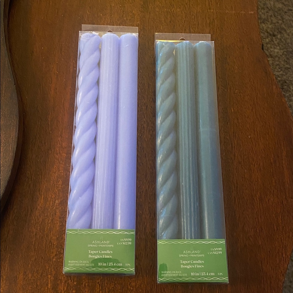NWT 10” tapper candles, total of 6. New in boxes blue/lavender and green
